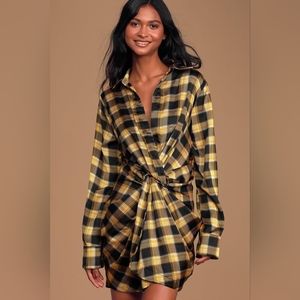Beyond All Season Yellow Plaid Twist-Front Shirt Dress